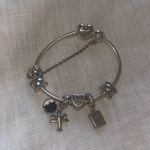 Pandora Moments Heart Clasp Snake Chain Bracelet with charms and safety chain